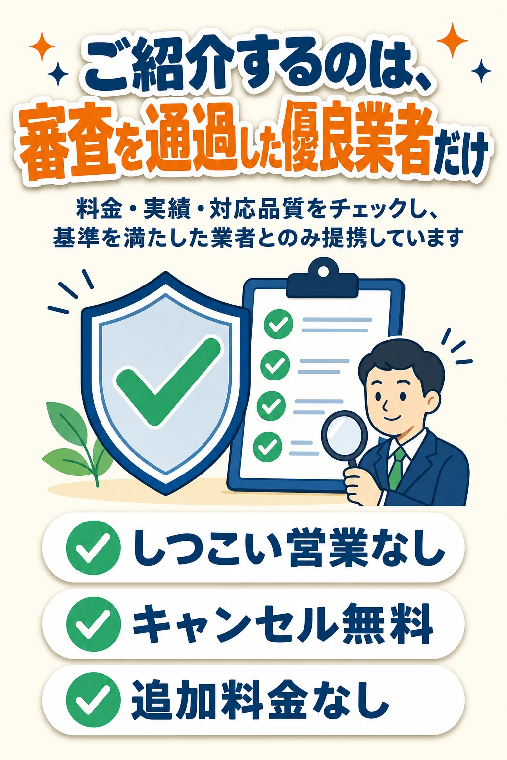 ご紹介するのは、審査を通過した優良業者だけ。料金・実績・対応品質をチェックし、基準を満たした業者とのみ提携。しつこい営業なし・キャンセル無料・追加料金なし