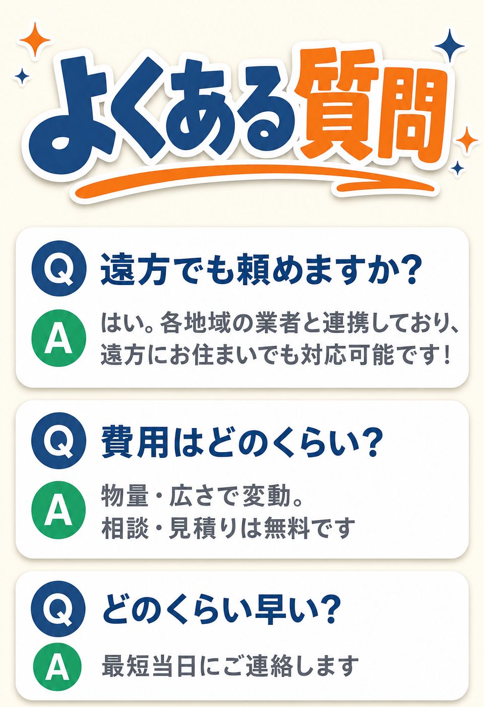よくある質問：遠方でも頼めますか／費用はどのくらい／どのくらい早い