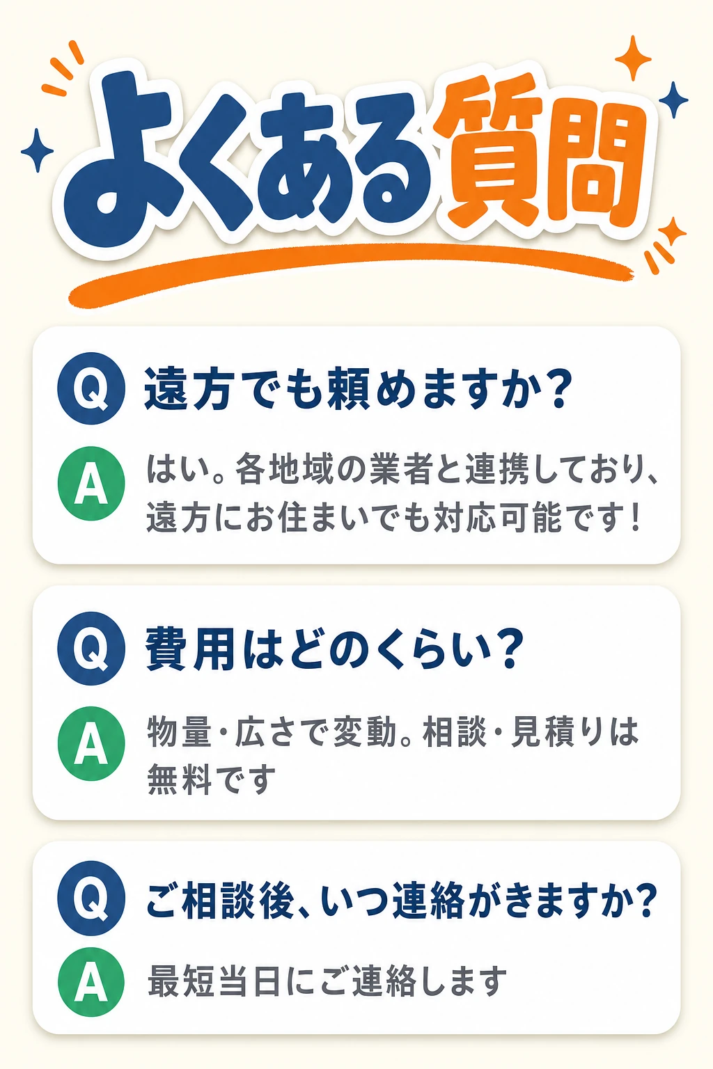 よくある質問：遠方でも頼めますか／費用はどのくらい／ご相談後、いつ連絡がきますか（最短当日にご連絡します）